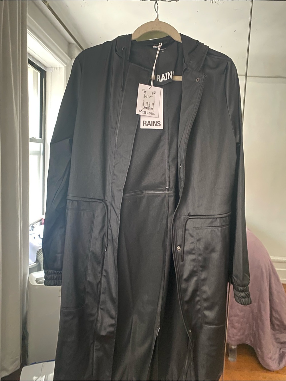 Rains Black Hooded Long Trench Coat small